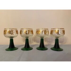 Vintage Roemer Wine Glasses Set of 4 Green Beehive Stem Gold Grape Etched Hock